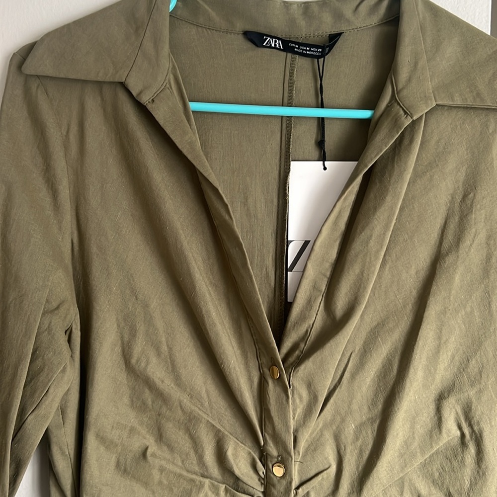 Zara Olive Green Long Sleeve Button-Front Maxi Dress - Picture 2 of 5